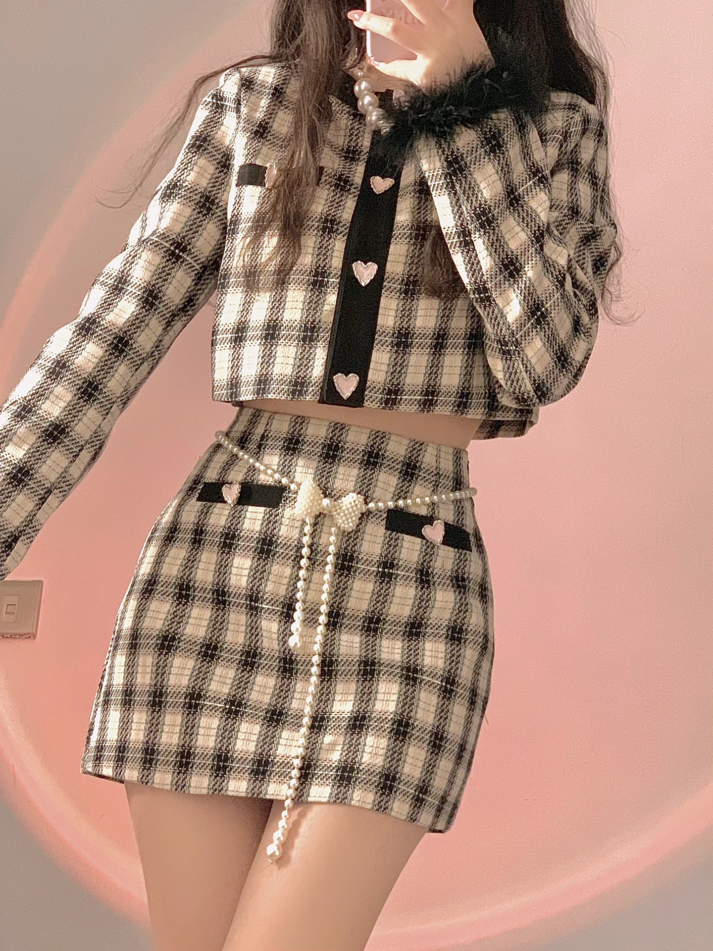 pium ハートボタンニット フロントボタンチェックプリーツミニスカート pium ハートボタンニット フロントボタンチェックプリーツミニスカート