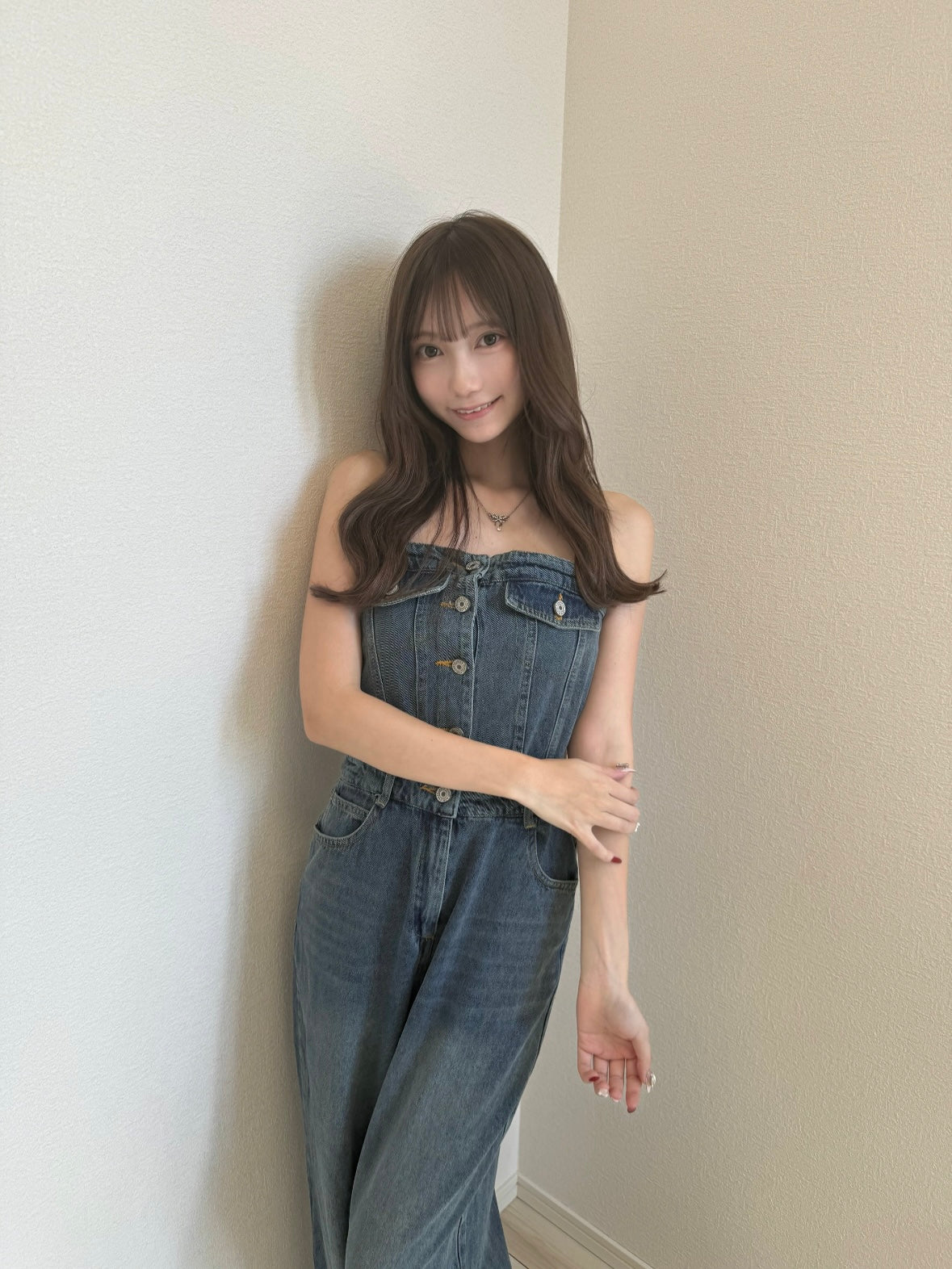 ベアトップデニムオールインワン