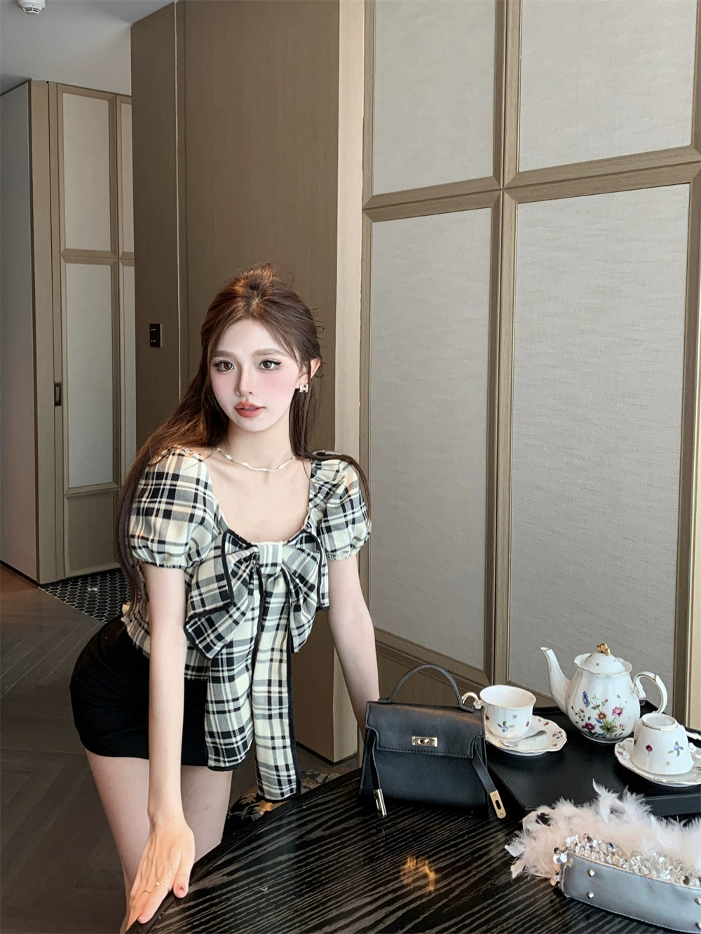 チェックリボンショートパフスリーブ