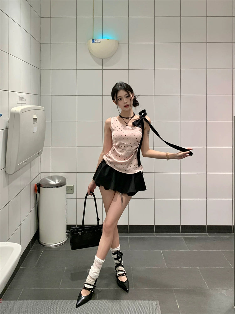 リボンドットオフショルダートップス