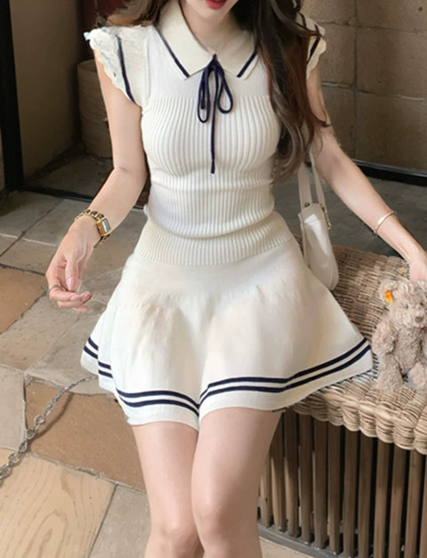 リブニットリボンミニワンピース