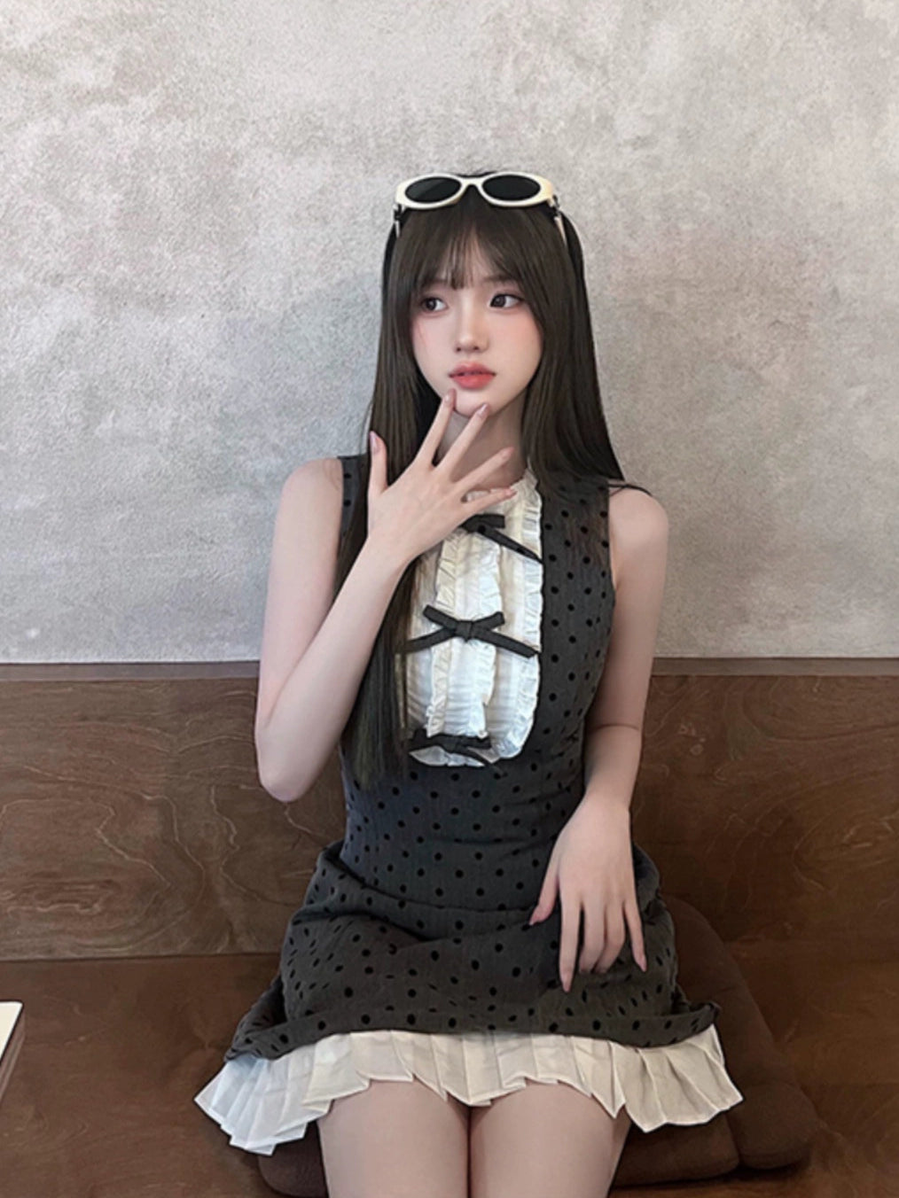 リボン付き✭フリルドット柄ロングワンピース♥デートや女子会にも最適✭春夏 miki監修・3サイズ展開】ドットプリントフリルトリムマーメイド