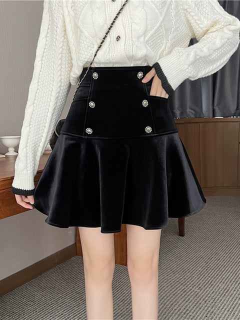 ダブルボタンハイウェストスカート