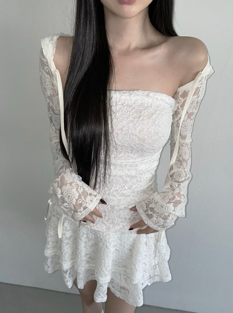 クロップドフードレースカーディガン