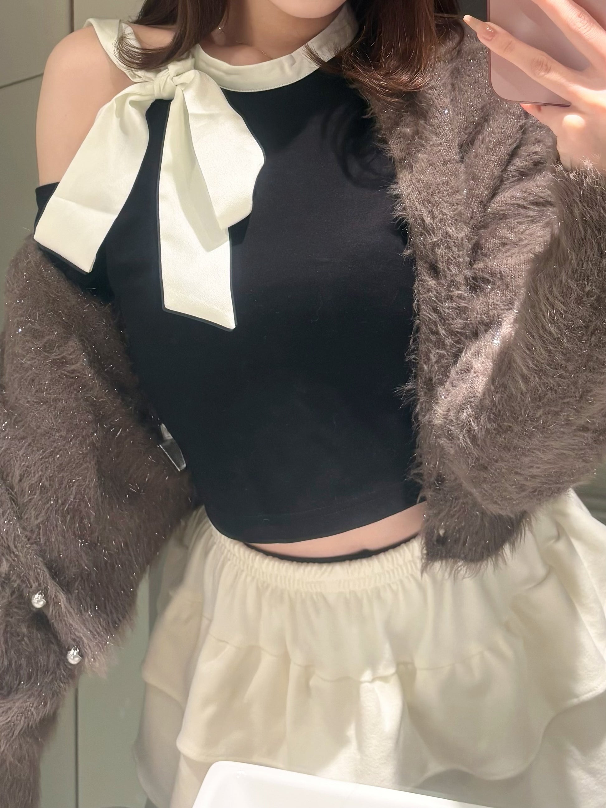 オフショルダースリムリボンニットトップス