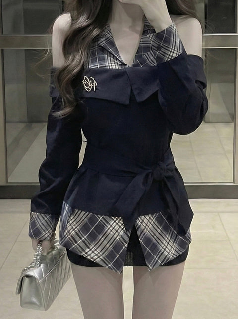 チェックシャツドッキングトップス