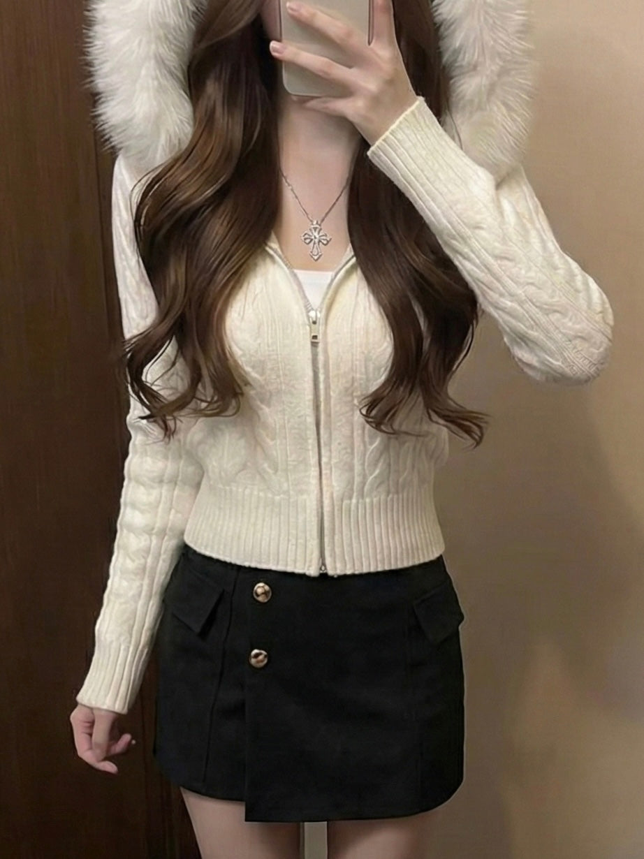 ファーフードジップニットトップス