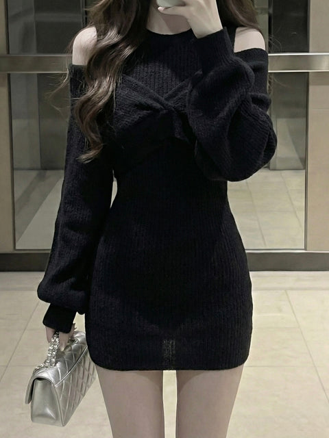 2ピースオフショルダーニットワンピース