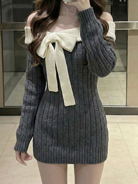 ビッグリボンレディオフショルニット