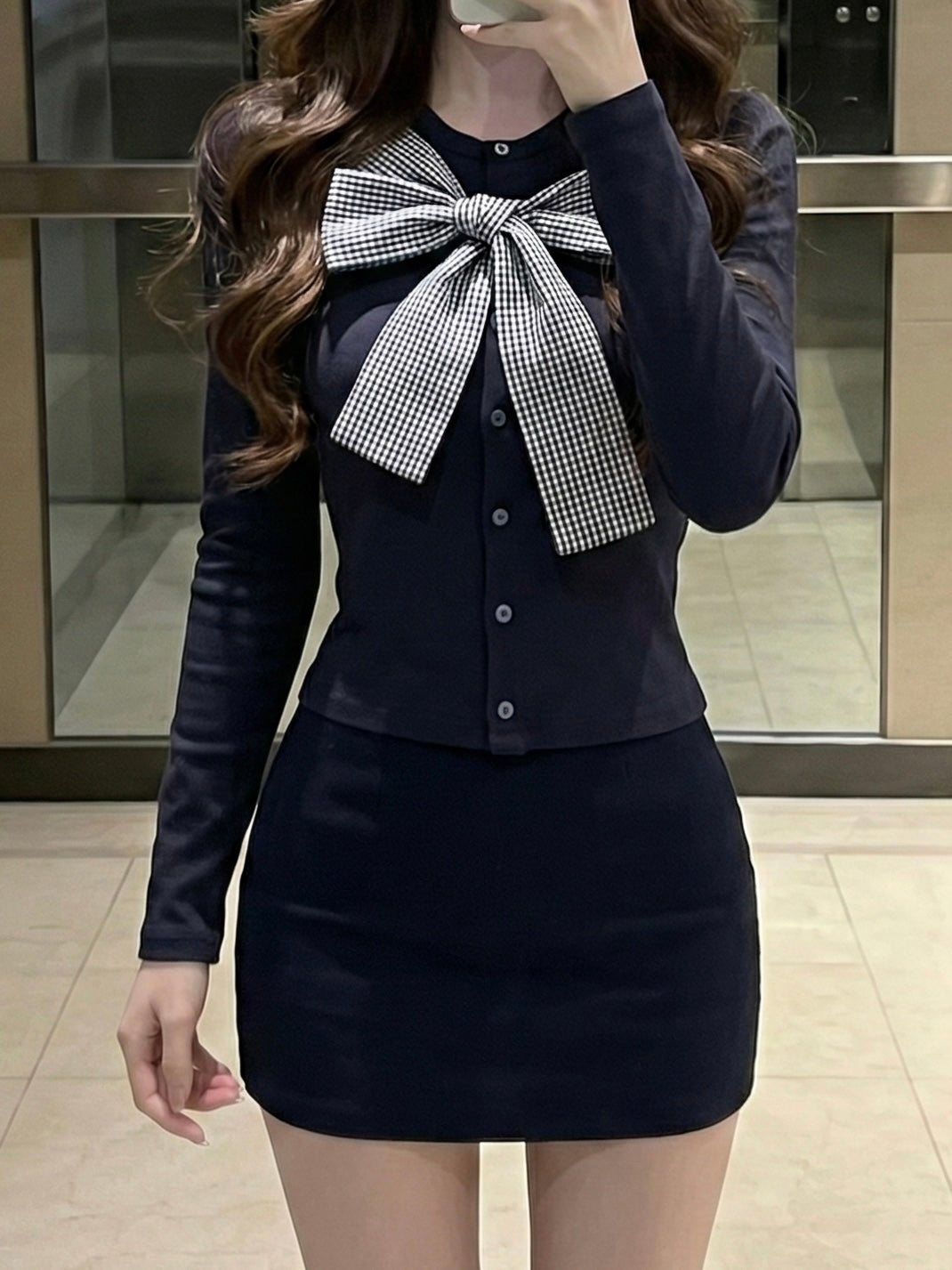 グレンチェックリボントップス