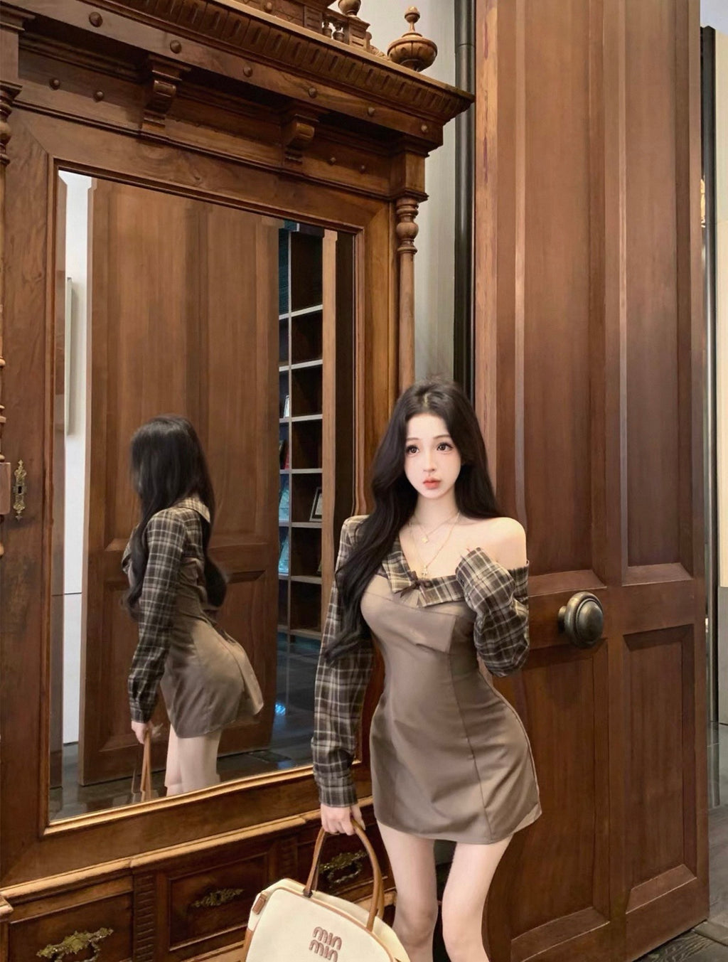 ワンショルダーチェックミニワンピース