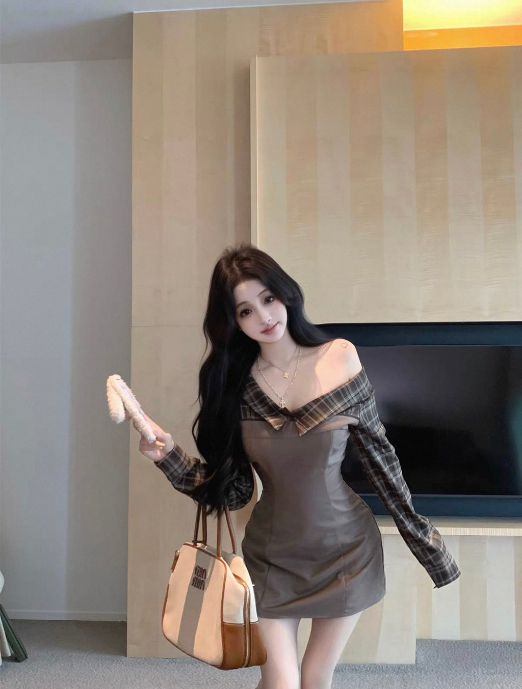 ワンショルダーチェックミニワンピース