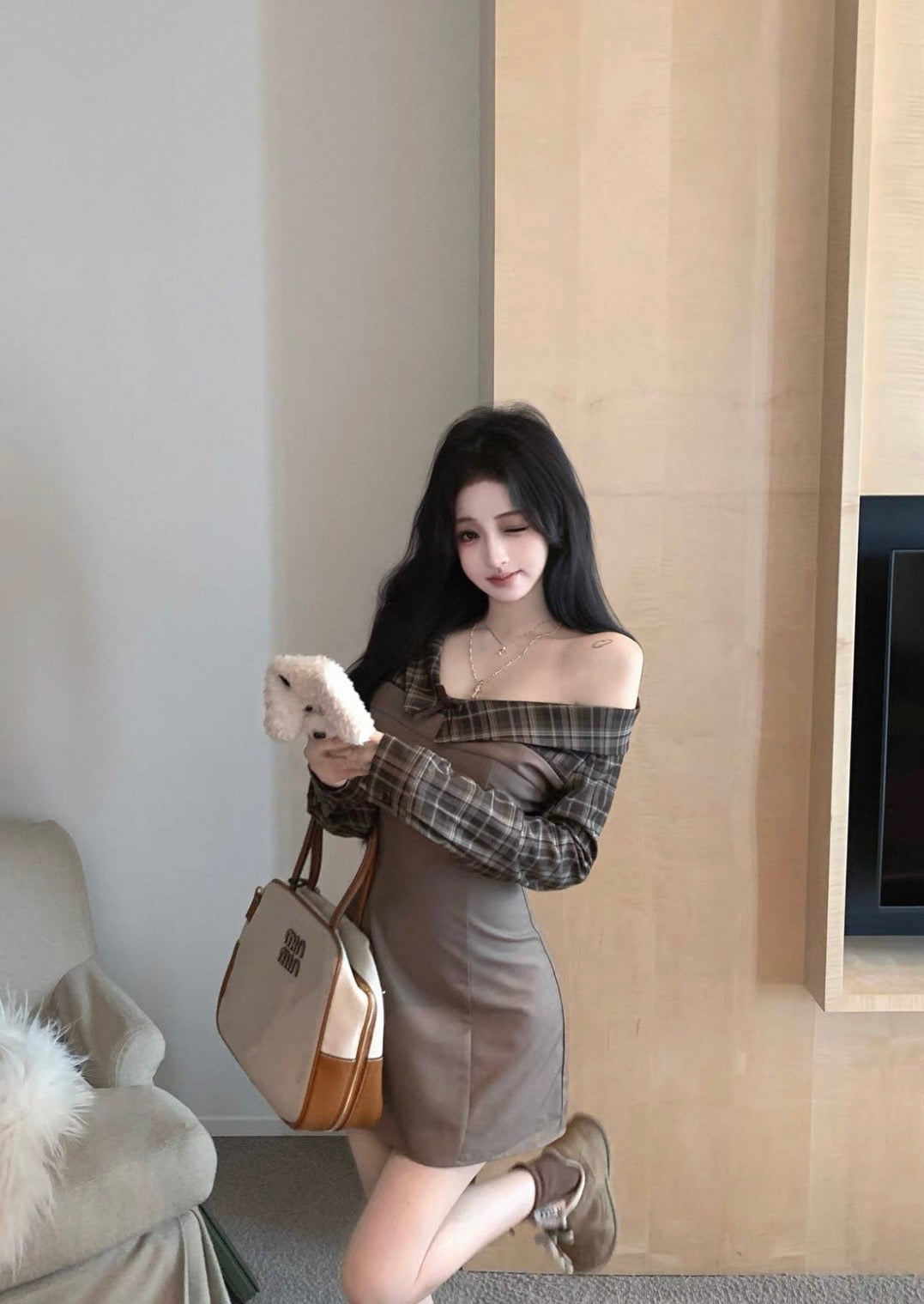 ワンショルダーチェックミニワンピース