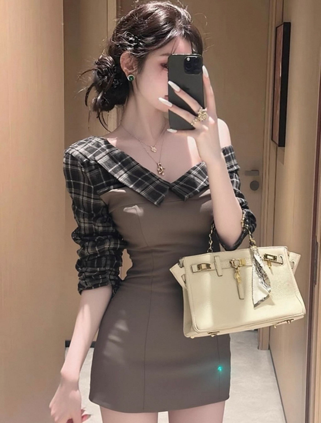 ワンショルダーチェックミニワンピース