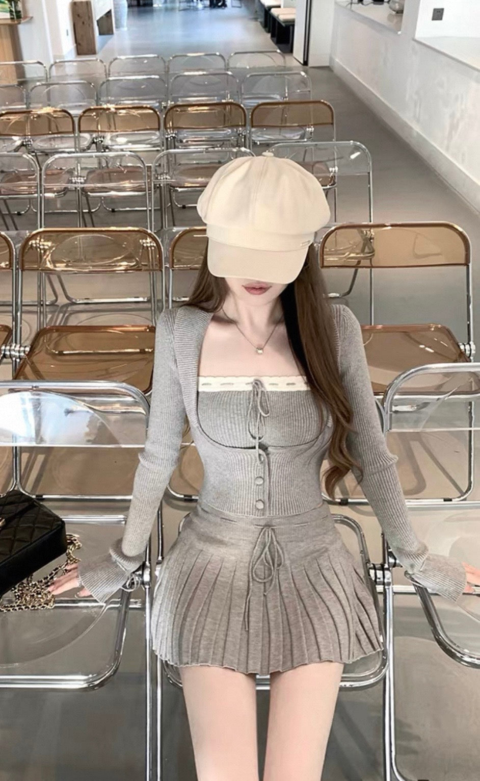 リブショートカーデセットトップス