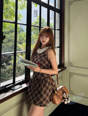 チェックリボンレースミニワンピース