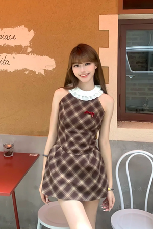 チェックリボンレースミニワンピース