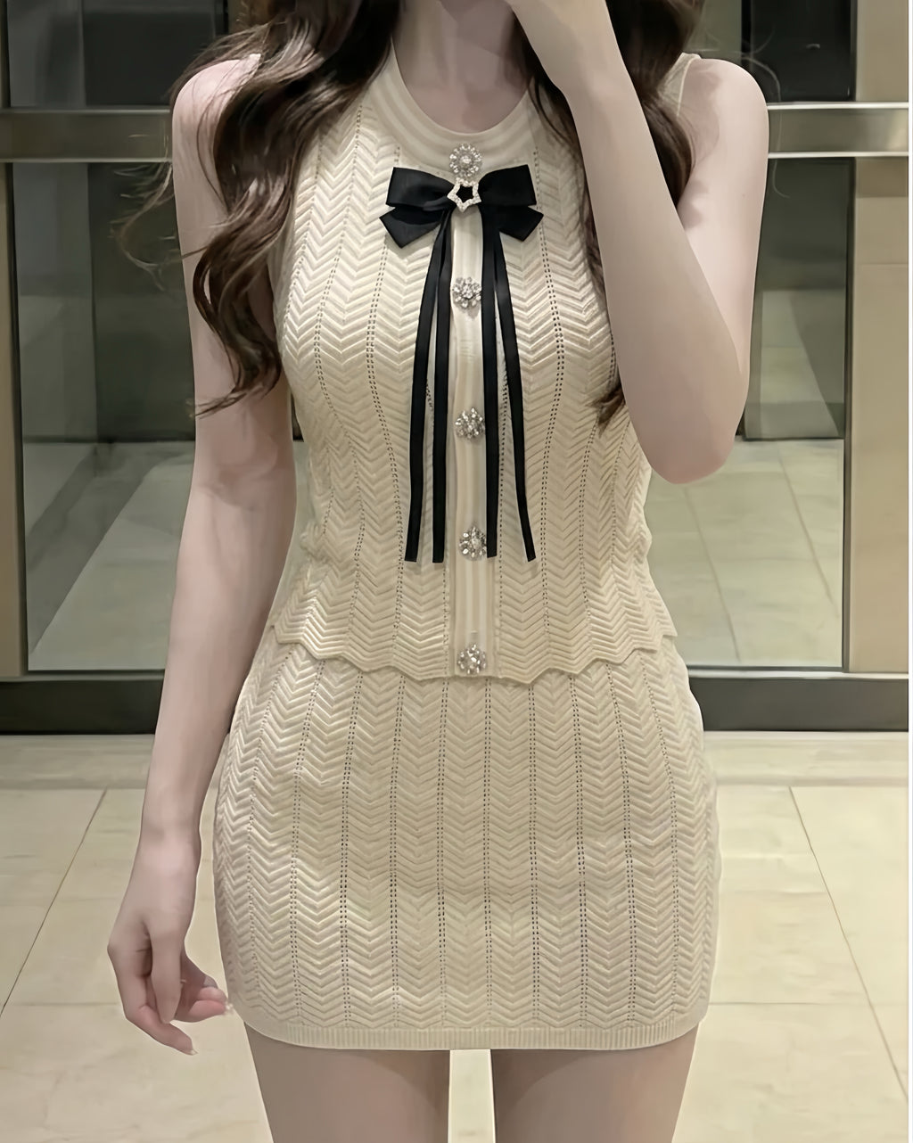 パールボタンリボンニット