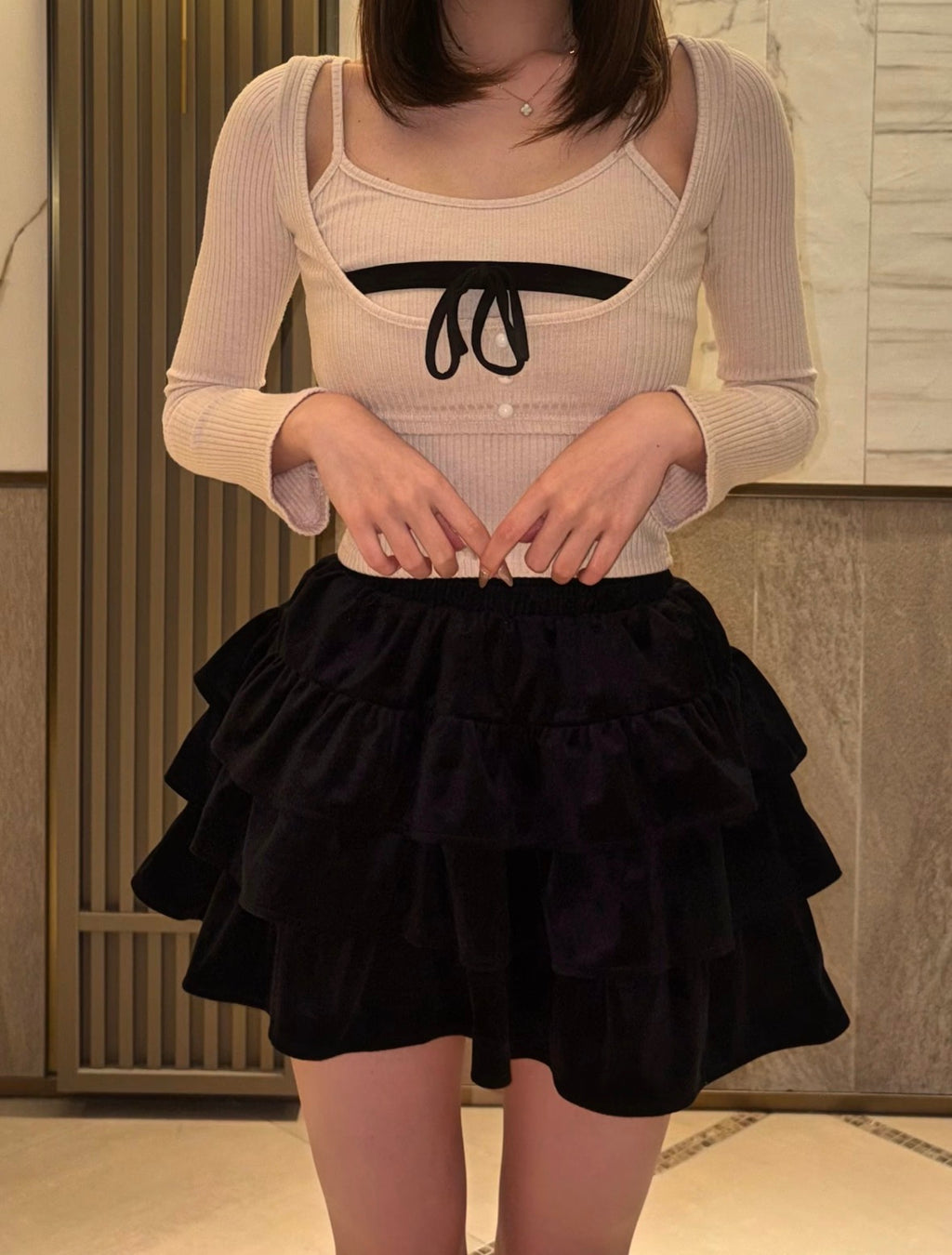 リブニットリボントップス