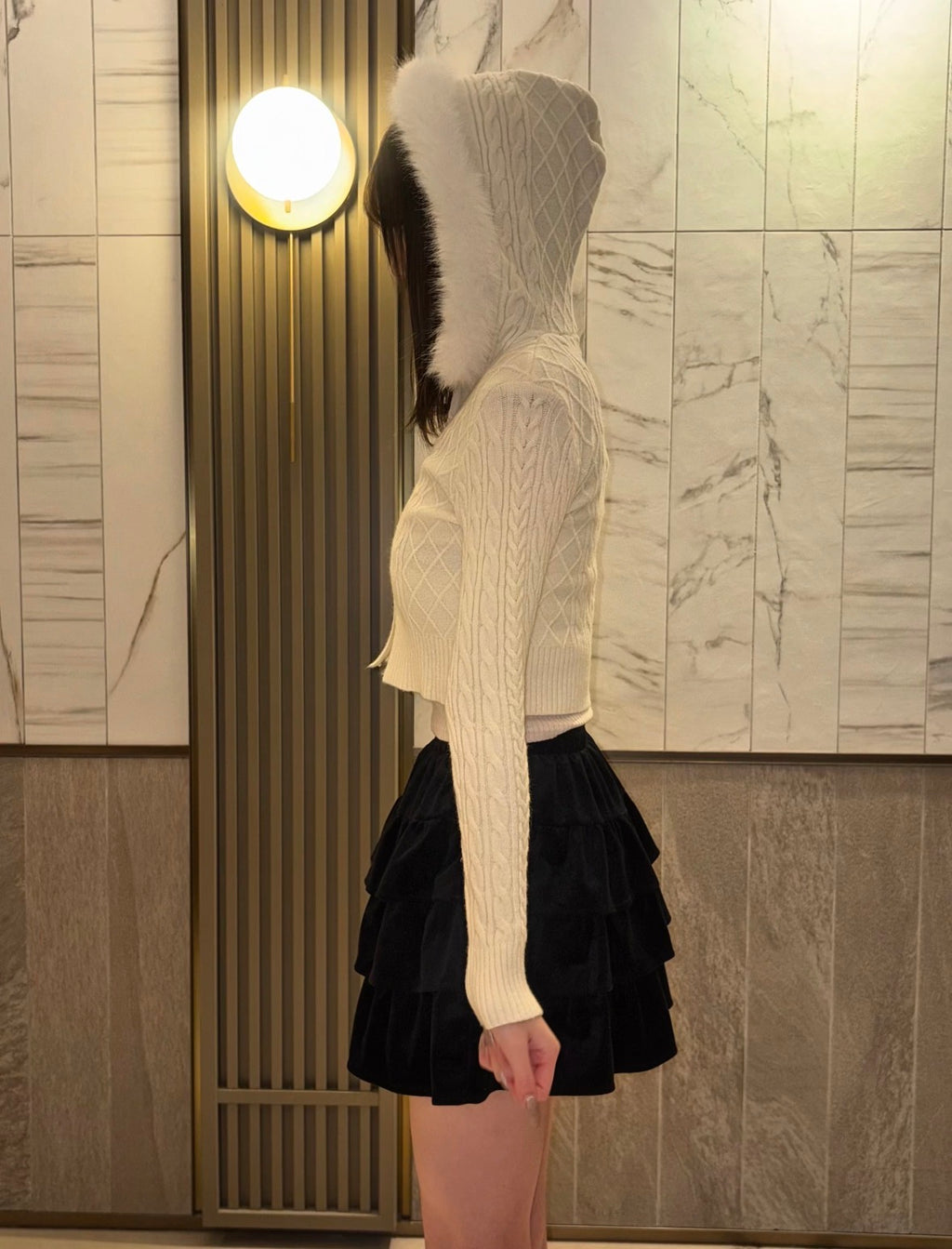 ファーフードジップニットトップス