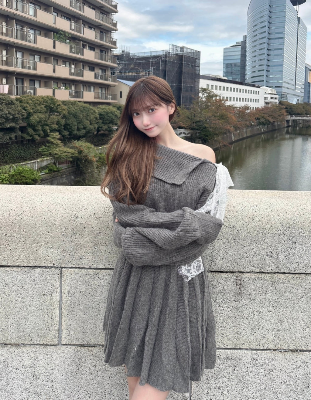 リボンデザインプリーツミニワンピ