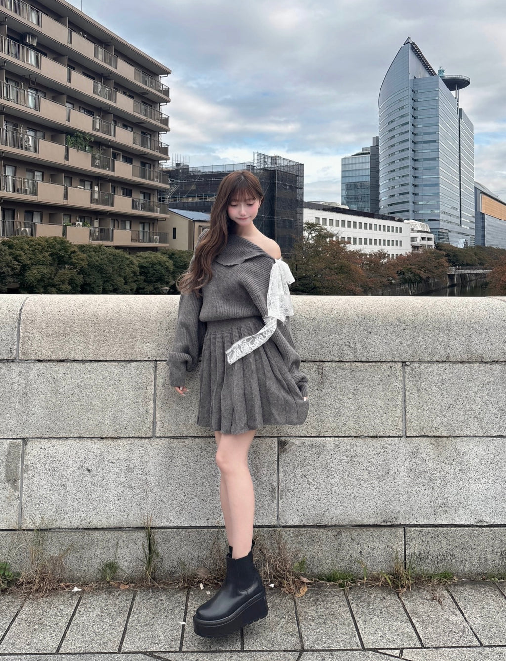リボンデザインプリーツミニワンピ