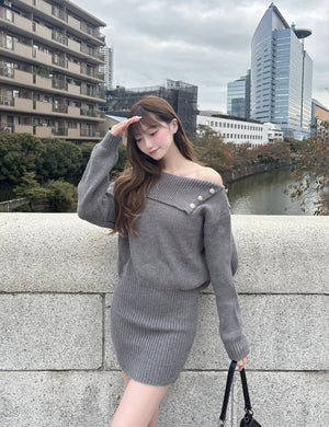 ボタンデザインオフショルダーニットミニワンピ