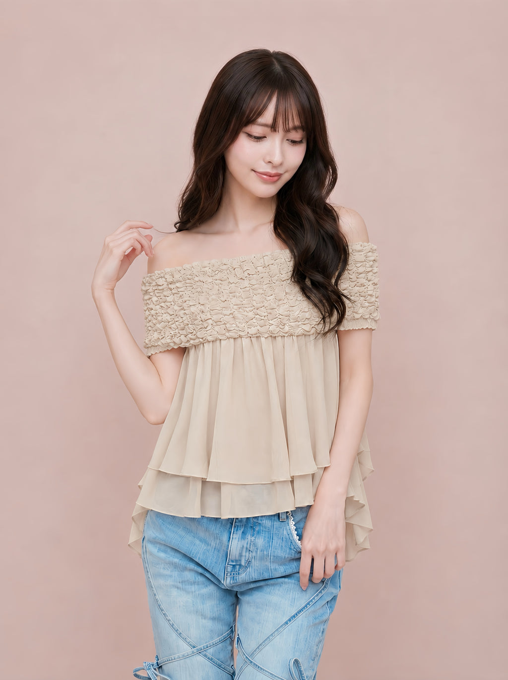 シフォンフレアオフショルワンピトップス