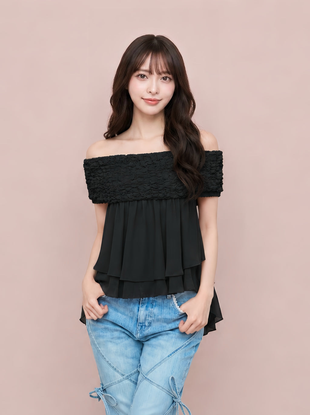 シフォンフレアオフショルワンピトップス