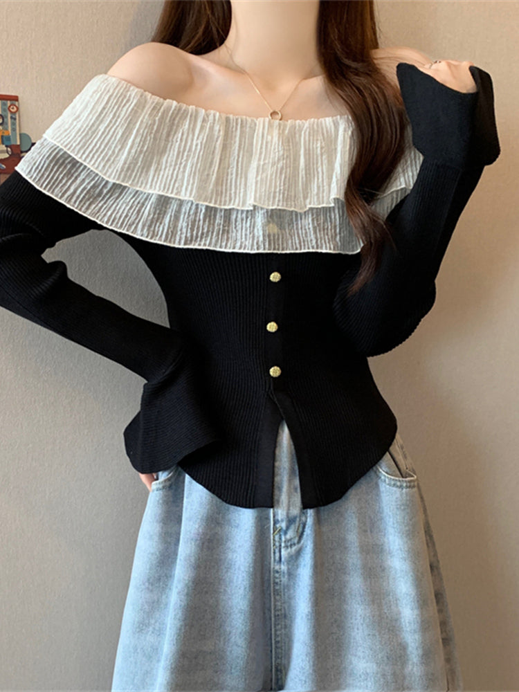 フリルフレアスリーブオフショルダーニット