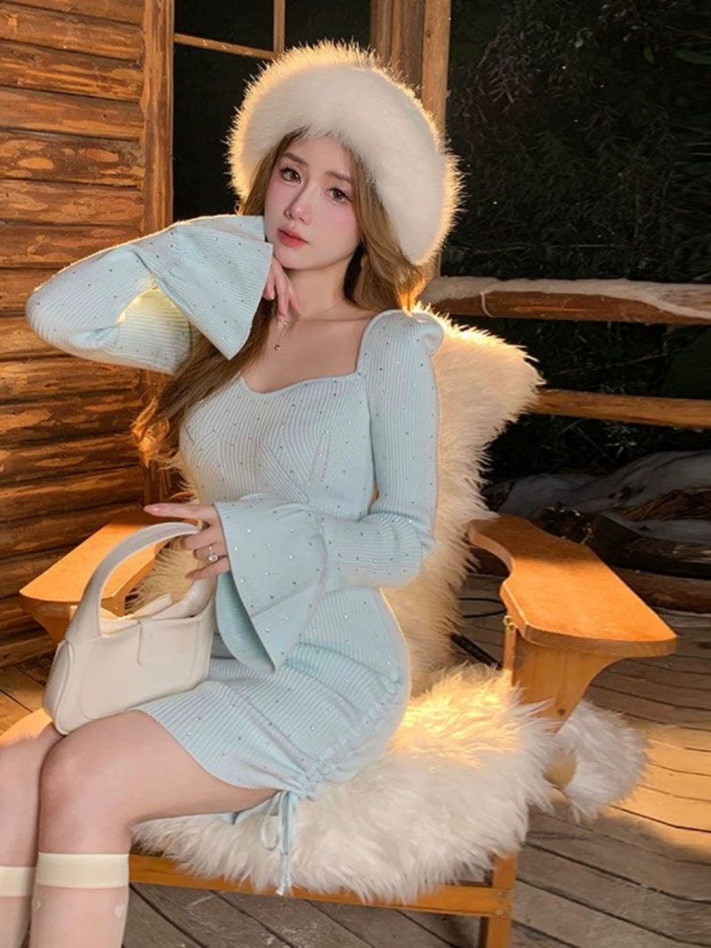 ラインストーンリブニットミニワンピース