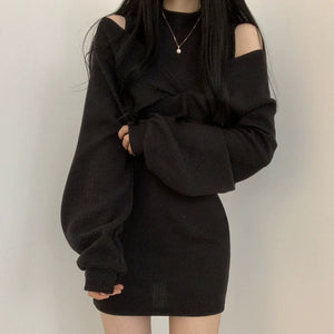 2ピースオフショルダーニットワンピース