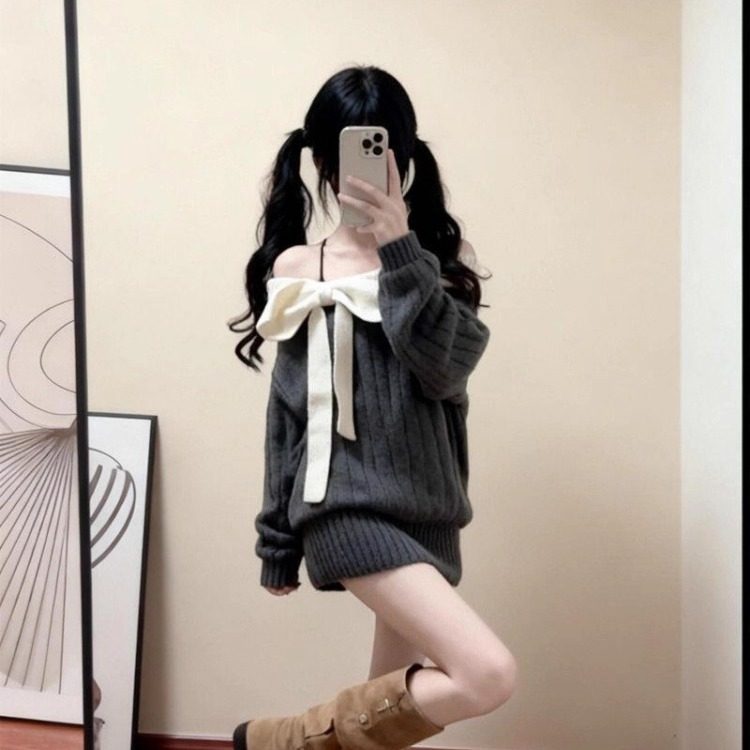 ビッグリボンレディオフショルニット