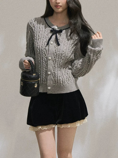 ラインストーンリボンニットカーディガン