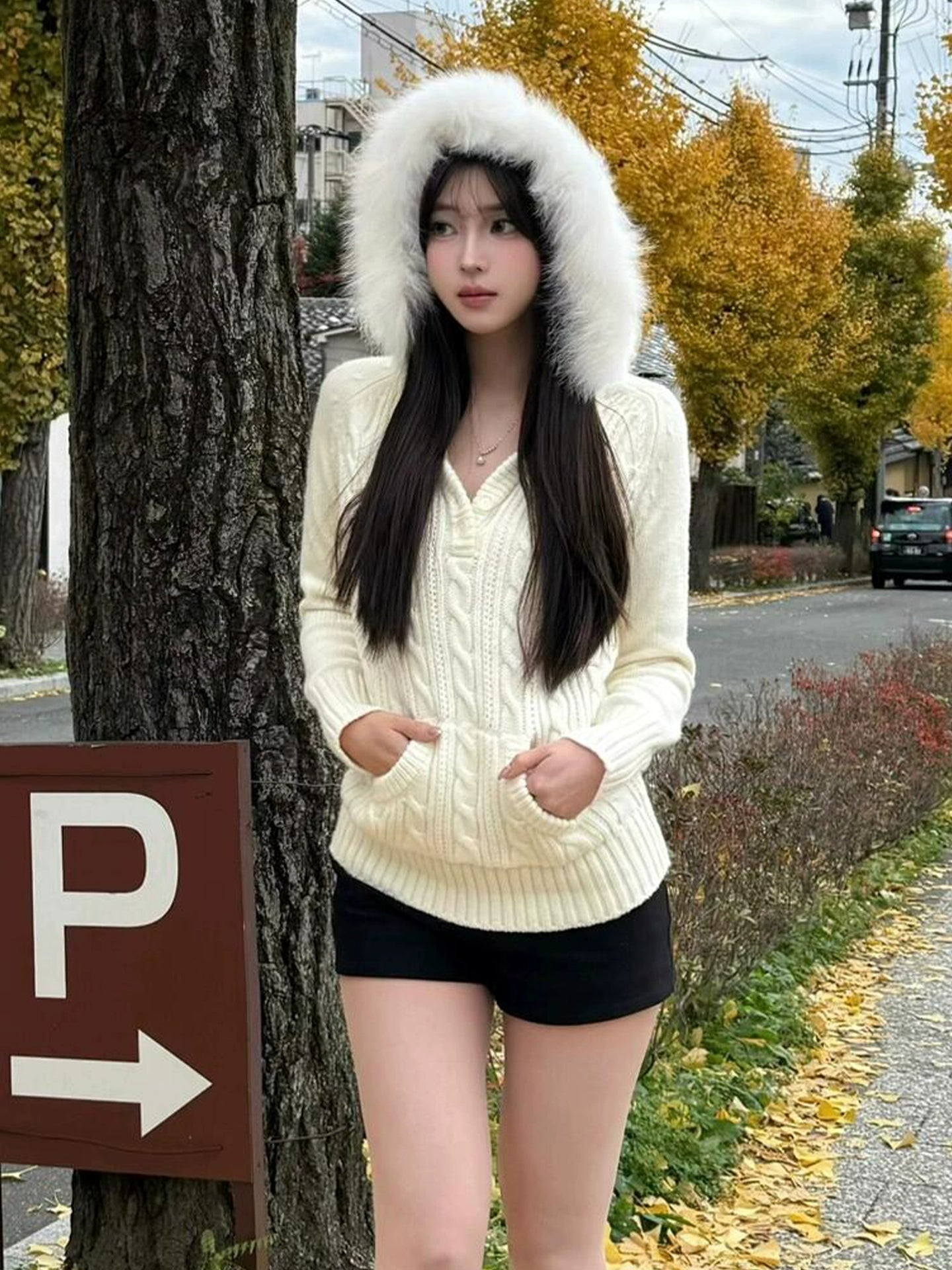 ケーブルニットフェイクファージップカーディガン