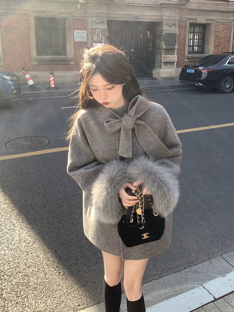 フェイクファーウールライクリボンコート