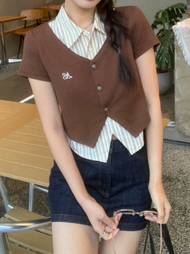 ストライプシャツスリムポロネックトップス