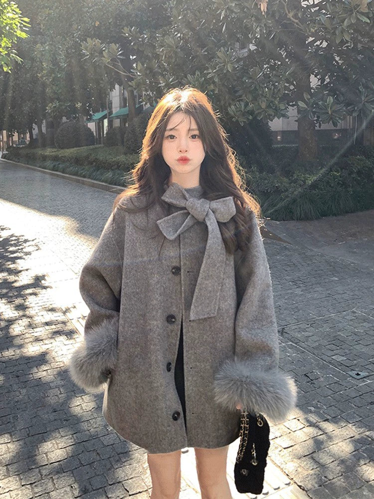 フェイクファーウールライクリボンコート