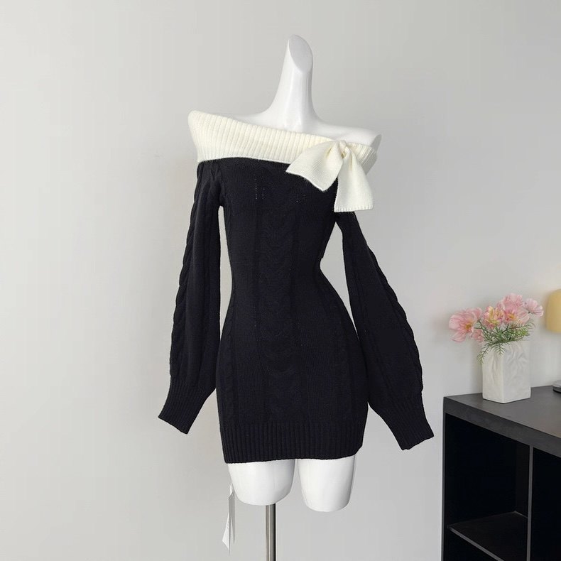 リボンオフショルケーブルニットワンピ