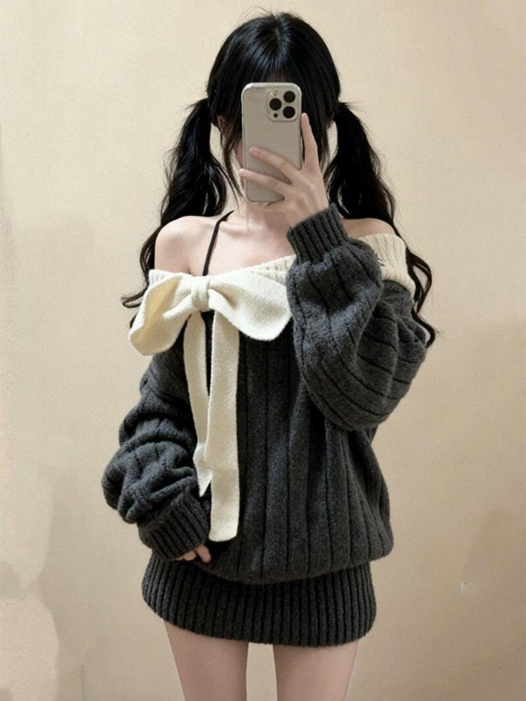 ビッグリボンレディオフショルニット