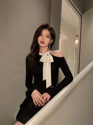 リボンワンショルダーリブセットアップ