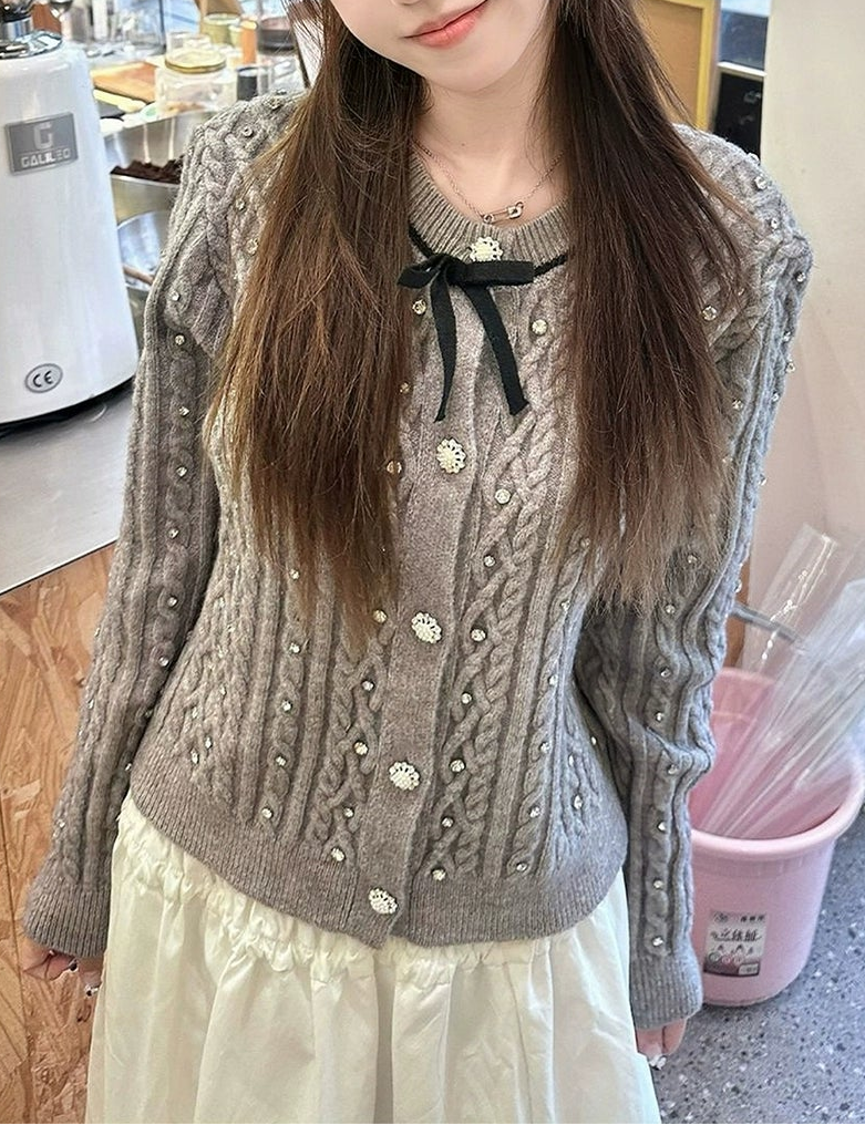 ラインストーンリボンニットカーディガン