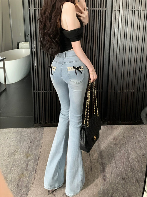 リボンレースブーツカットスタイルデニム – charme