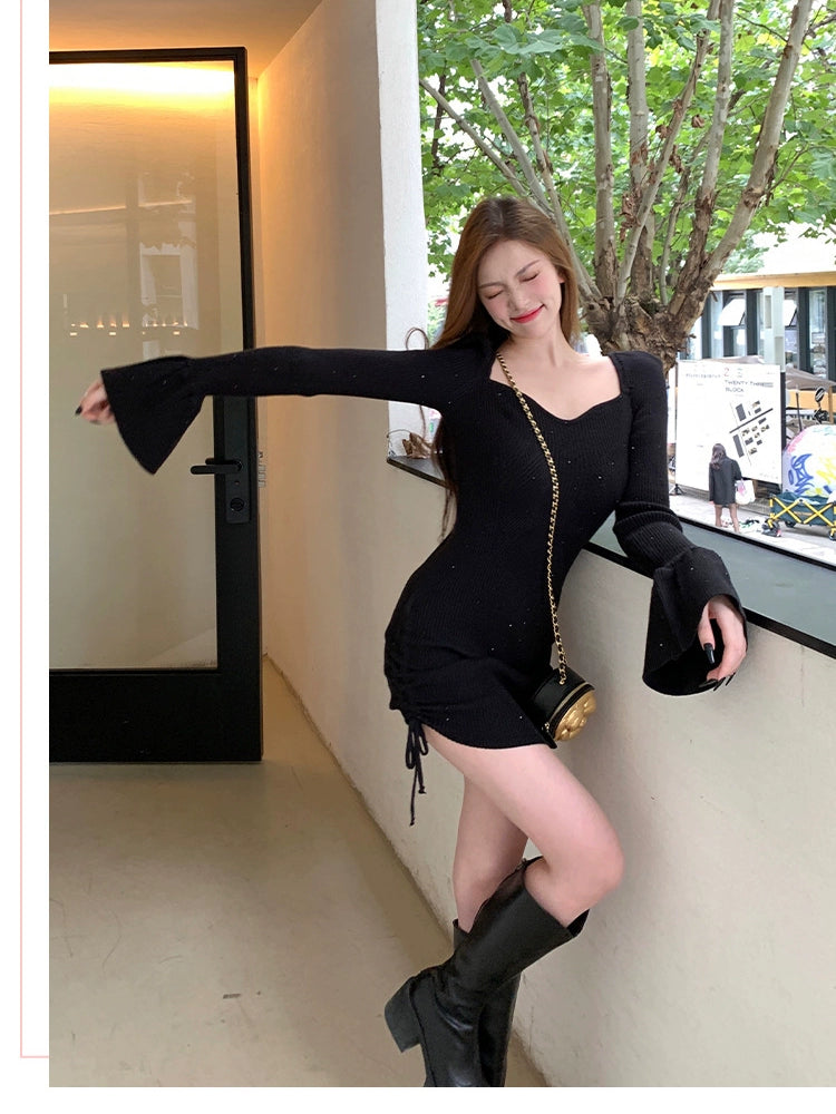 ラインストーンリブニットミニワンピース