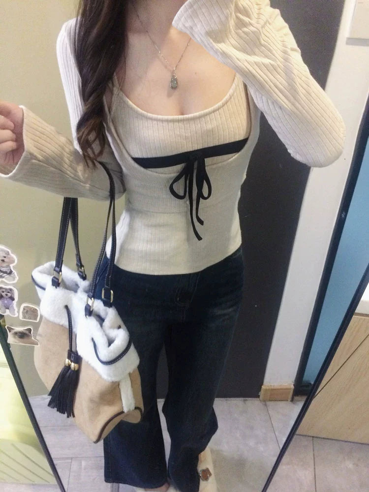 リブニットリボントップス