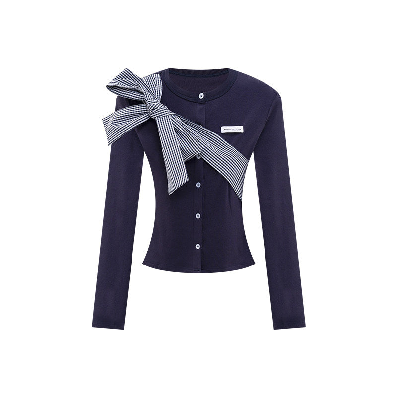 グレンチェックリボントップス