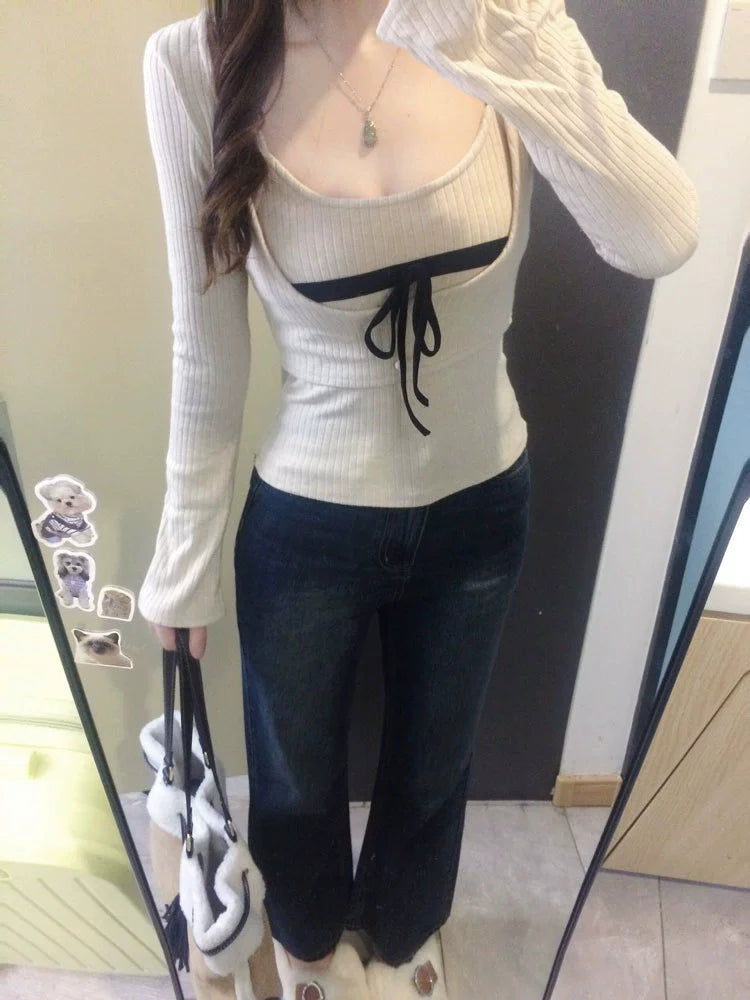 リブニットリボントップス