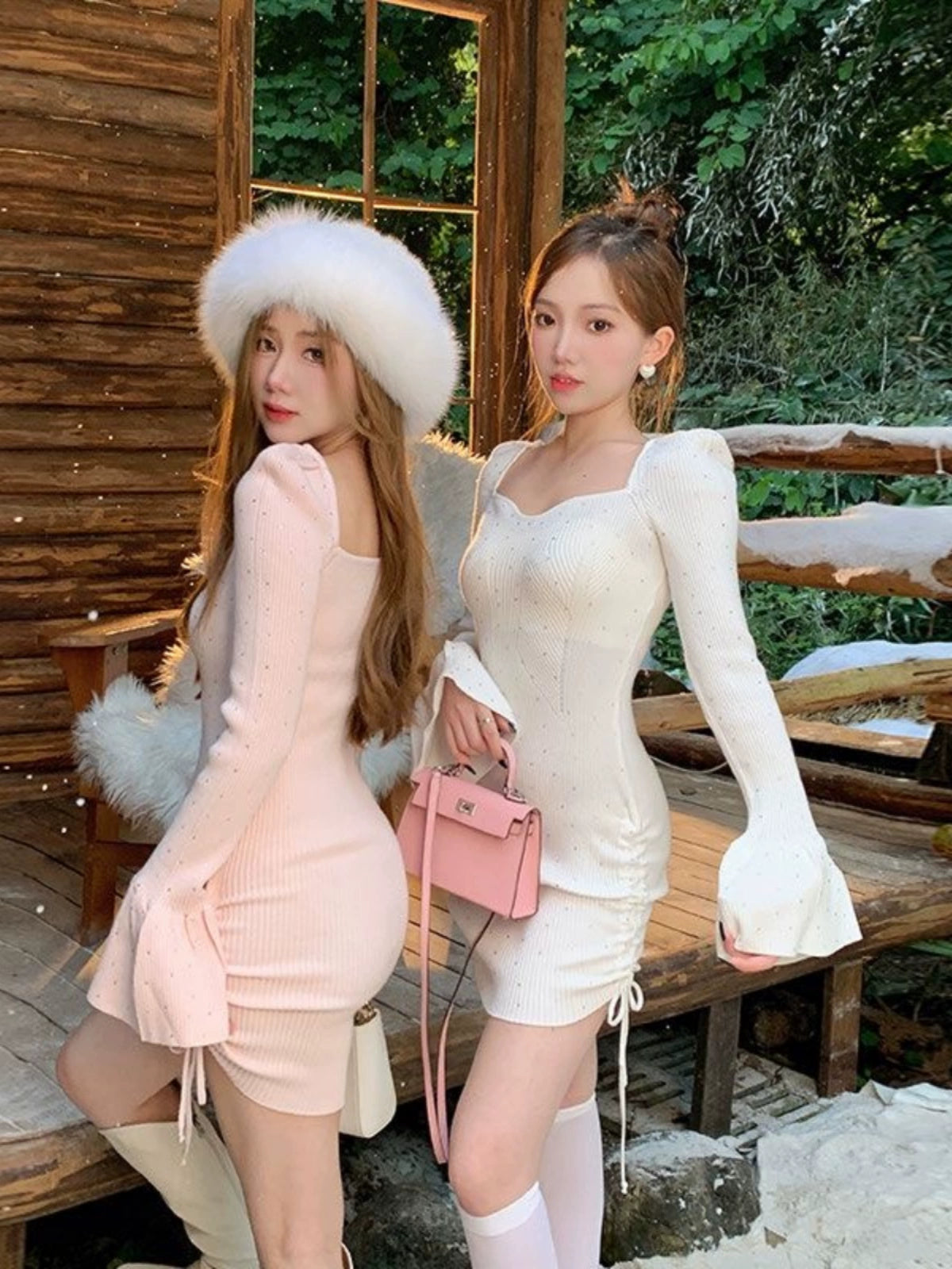 ラインストーンリブニットミニワンピース