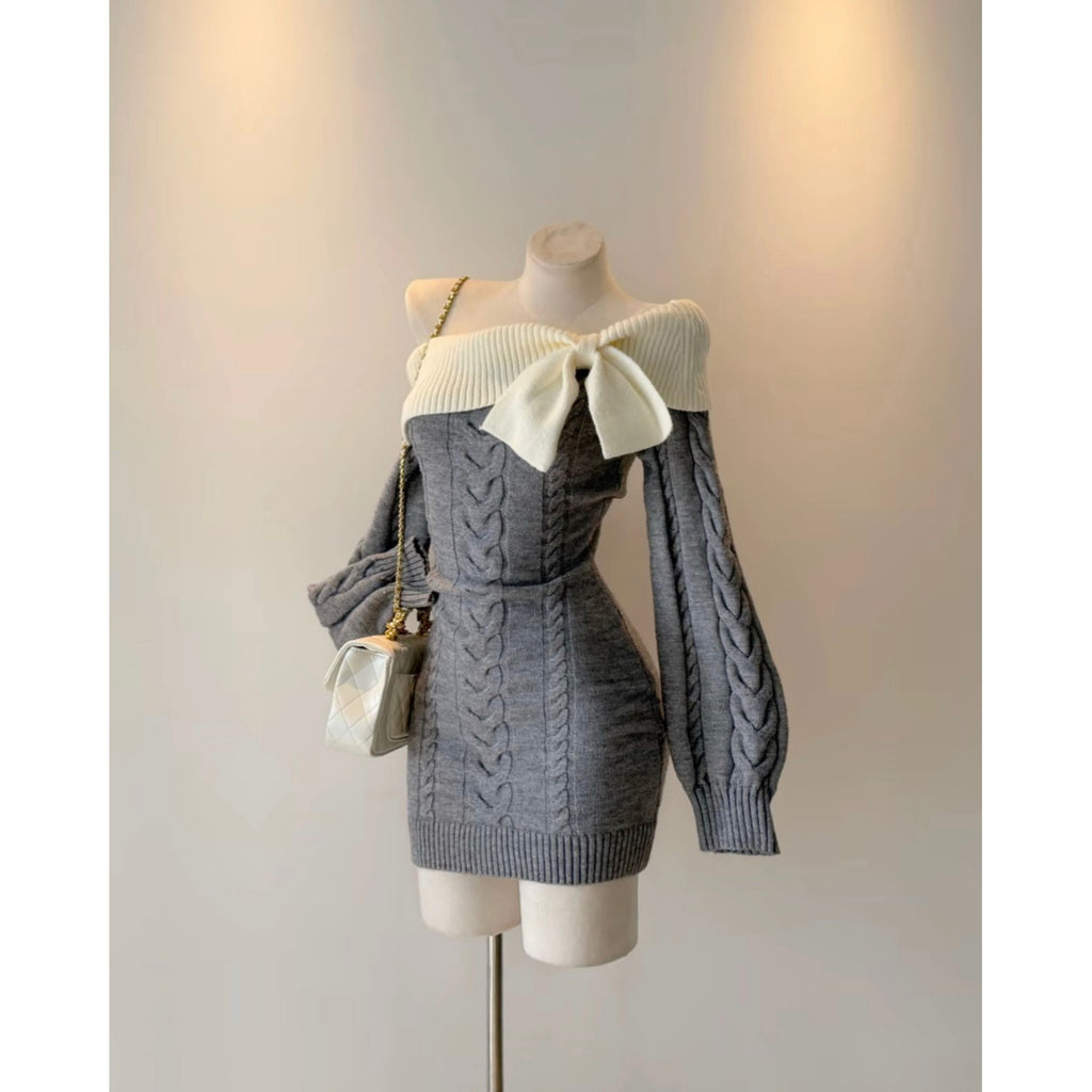 リボンオフショルケーブルニットワンピ