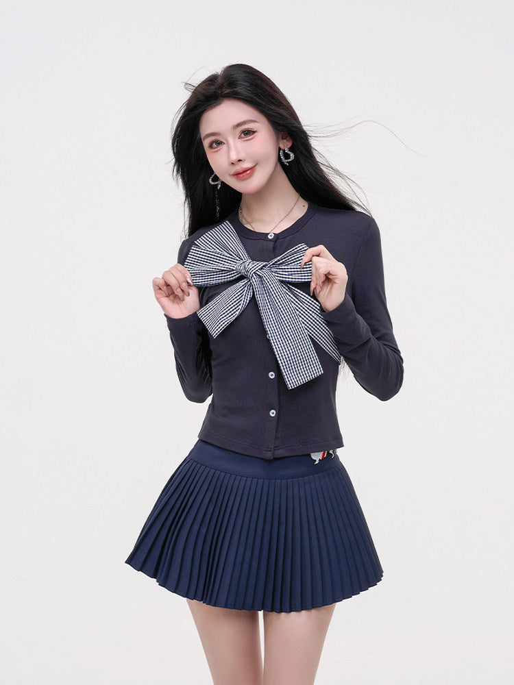 グレンチェックリボントップス